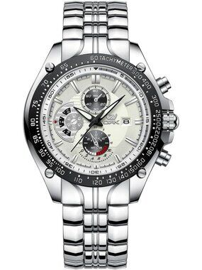 Men's Silver White Chronograph Waterproof Luminous Easy To Read Wrist Watch